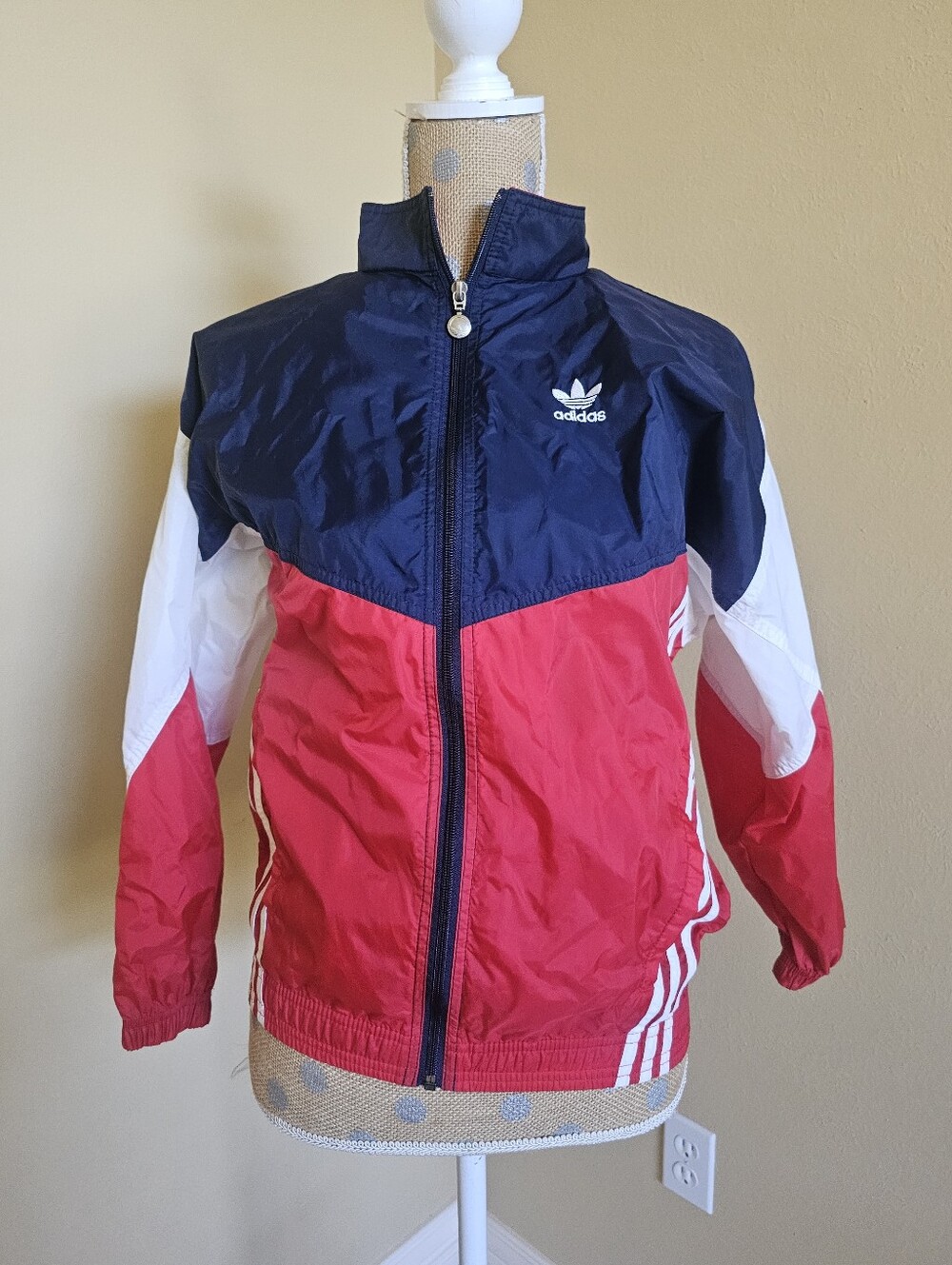 Adidas Red White And Blue Zip Jacket USA Vintage Packable Hood Windbreaker Large